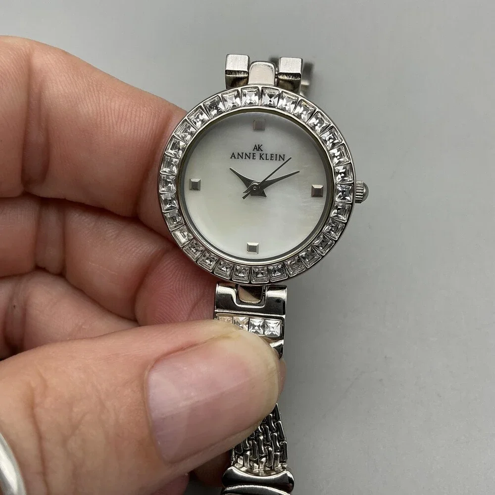 Anne Klein Womens Watch 26mm MOP Dial Silver Tone Crystals New Battery 7.25